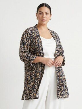 Vintage Sharon Anthony Kimono Jacket Navy Blue Floral Open Boho 18W